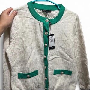 Adrianna Papell Cream Knit Cardigan with Green Trim